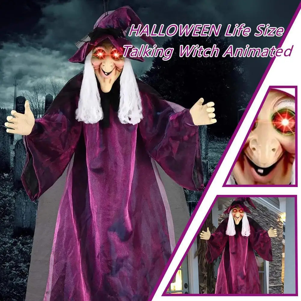 Halloween Life Size Talking Witch Outdoor Purple Spooky Animatronic Witch Decor Prop Halloween Decoration Red Eye Animated Witch