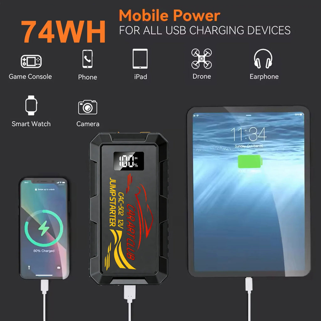 2026 12V Car Jump Starter Power Bank Portable Car Battery Booster Charger Starting Device Auto Emergency Start-up Lighting