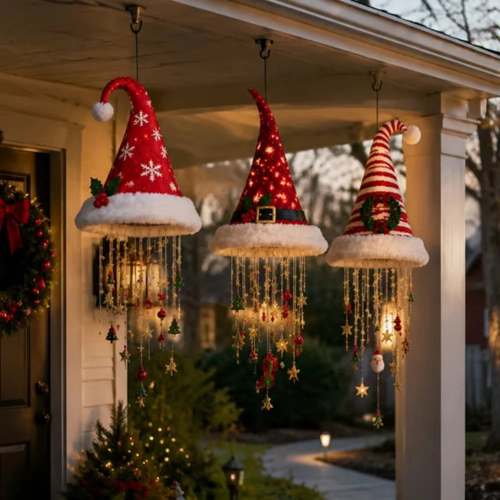 Christmas Lighted Santa Hat with Snowflakes Christmas Tree Pendant Hanging Lantern Xmas Decoration for Home New Year Party Gifts