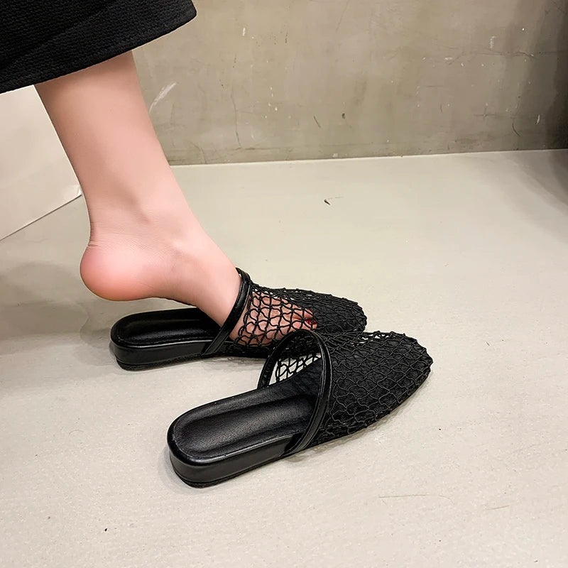 Deluxe Women's Retro Woven Mesh Flat Slip-On Mule Slides
