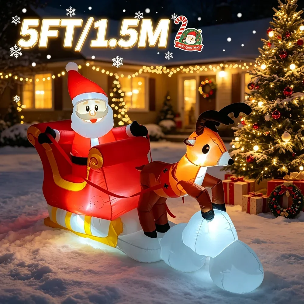 Christmas Blow Up Outdoor DIY Holiday Decorations 5 FT Inflatable Santa Claus Riding Sleigh with LEDs Xmas Party Yard Lawn Decor