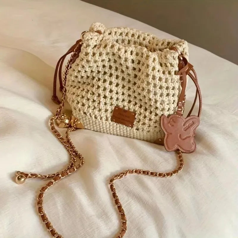Deluxe Woven Knit Drawstring Crossbody Bucket Bag with Chain Strap
