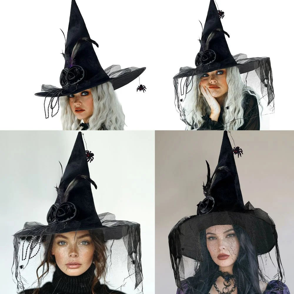 Black Spider Halloween Witch Hat With Black Veil Flower Feather Comfort Pleated Wizard Hat Knit Witch Costume Accessories