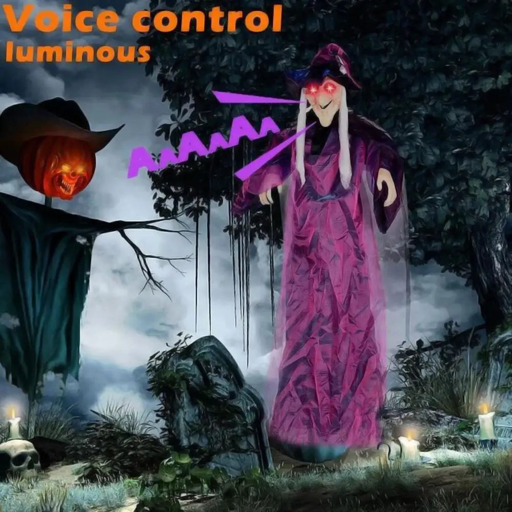 Halloween Life Size Talking Witch Outdoor Purple Spooky Animatronic Witch Decor Prop Halloween Decoration Red Eye Animated Witch