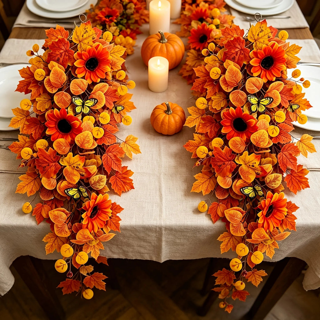 Autumn Thanksgiving Christmas Vine Wreaths Orange Sunflower Maple Leaf Decorative Door Wreath for Seasonal Home Garden Decoratio