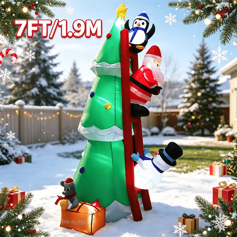 Christmas Inflatable DIY Decor Outdoor Giant Xmas Tree 7FT Lighted Blow Up Santa Claus Climbing Tree for HolidayYard Decor
