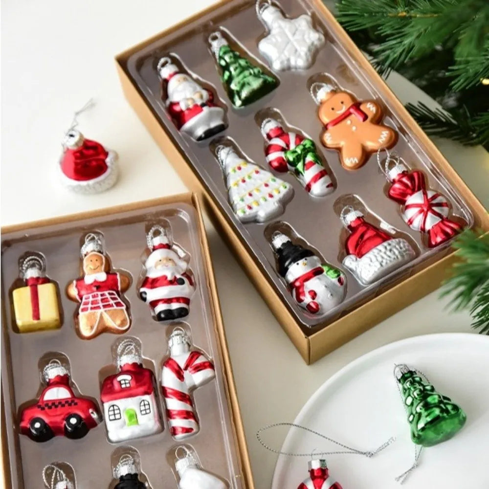 6/9pcs Glass Xmas Tree Ornaments Snowman Gifts Car and House Navidas Atmosphere Decor Santa Claus Christmas Tree Charm
