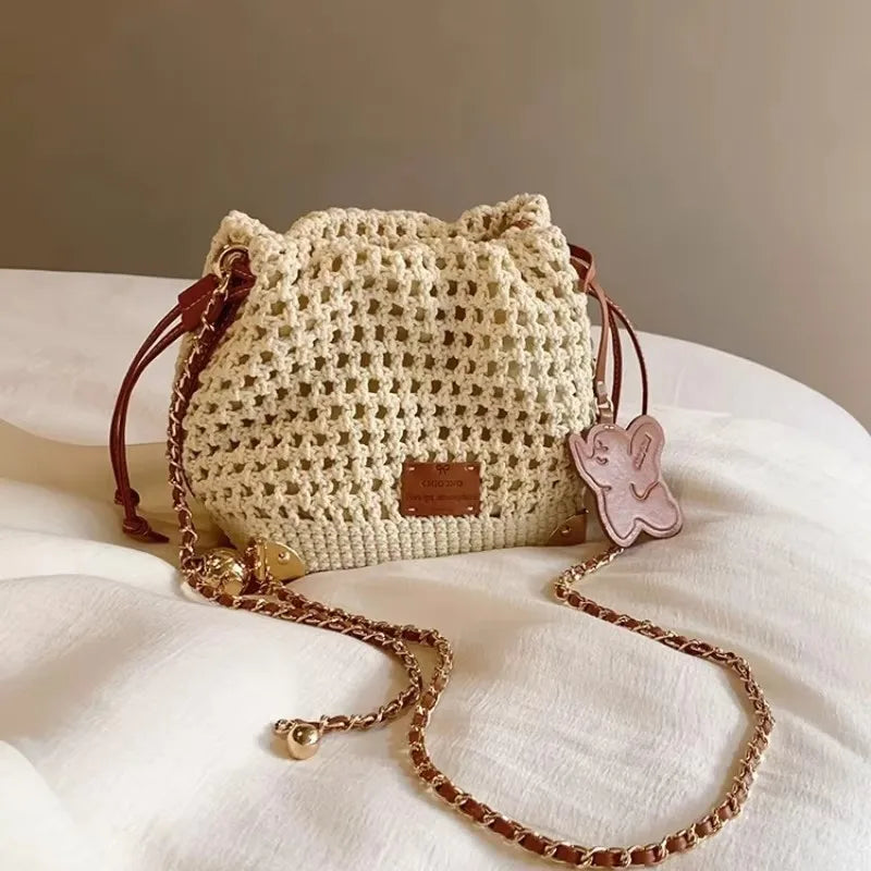Deluxe Woven Knit Drawstring Crossbody Bucket Bag with Chain Strap