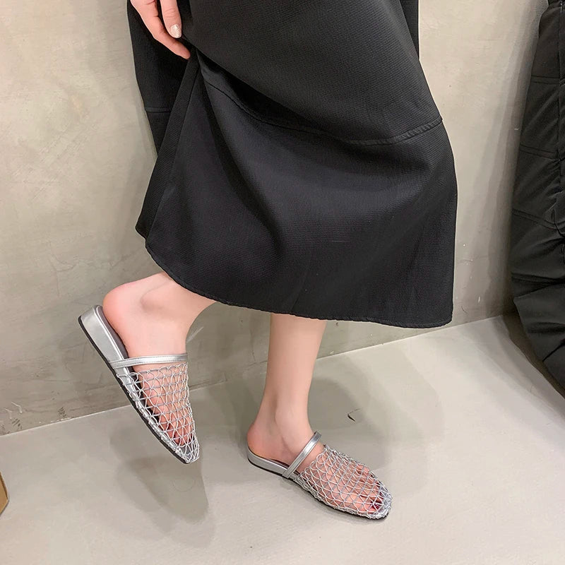 Deluxe Women's Retro Woven Mesh Flat Slip-On Mule Slides