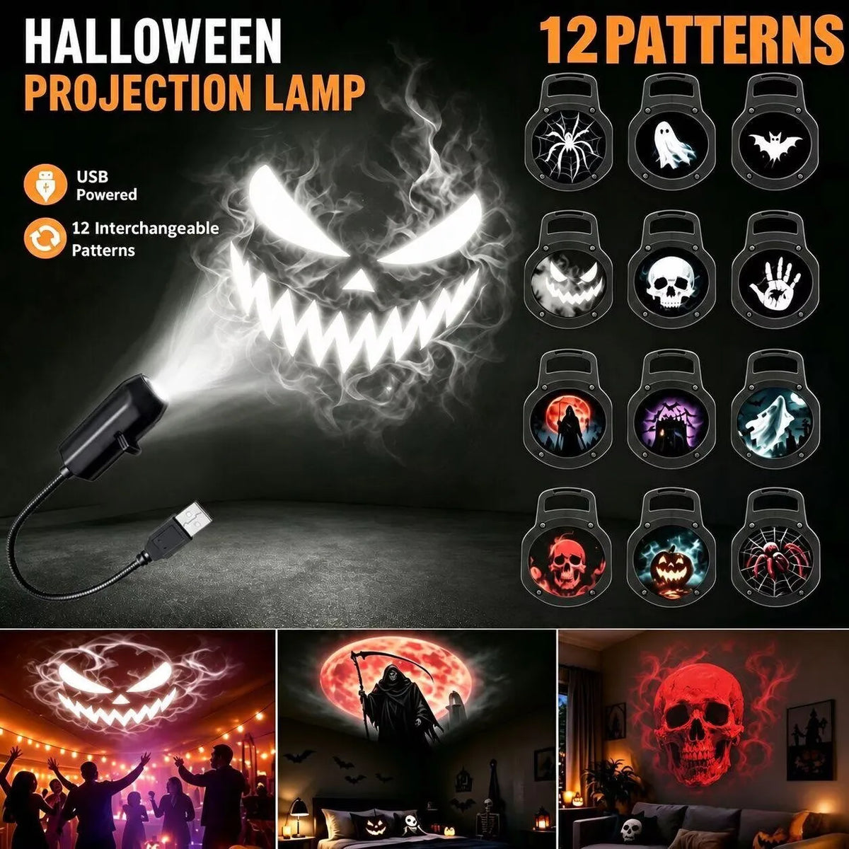 Deluxe USB Halloween HD Mini Projector Light with Spooky Slides