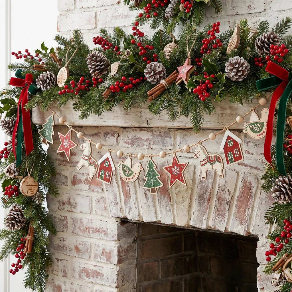 Scandinavian Christmas Wooden Garland, Wood Beads Hemp Rope, Tree Star Dala Horse for Fireplace Mantel Wall Xmas Home Decor
