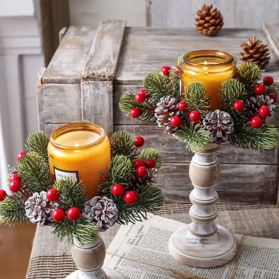 Christmas Candle Ring Wreath Red Berries Frosted Pinecones Mini Artificial Pine Table Centerpiece for Holiday Home Dining Decor