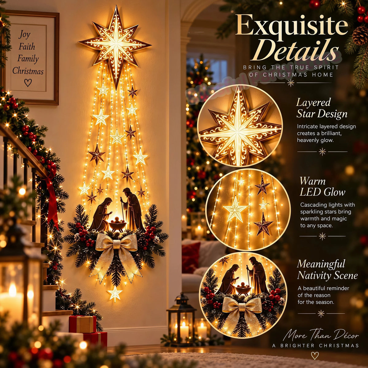 Christmas,Bethlehem Star of Faith,Lighted Nativity Wall Decor,Glowing Christmas Hanging Ornament,LED Lights for Indoor