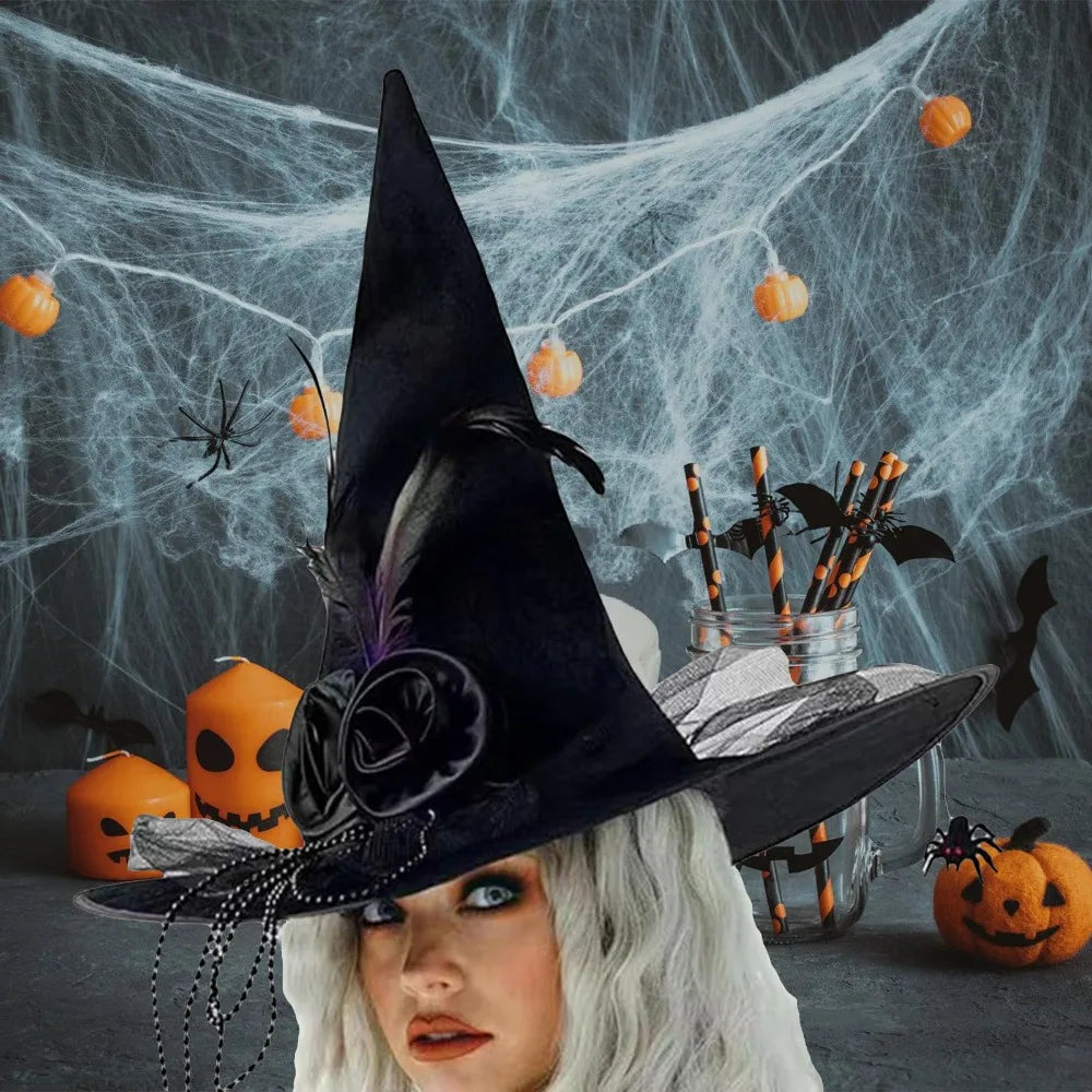 Black Spider Halloween Witch Hat With Black Veil Flower Feather Comfort Pleated Wizard Hat Knit Witch Costume Accessories