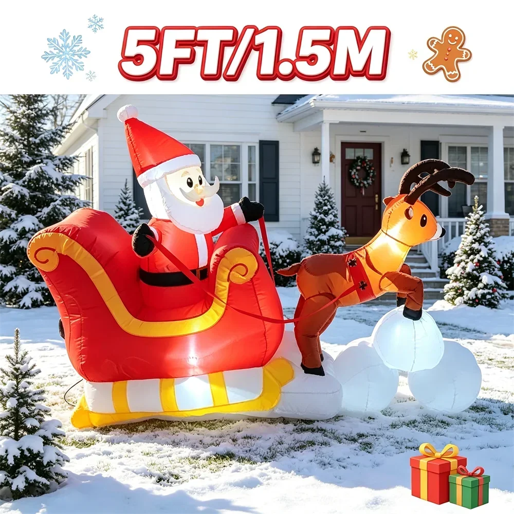 Christmas Blow Up Outdoor DIY Holiday Decorations 5 FT Inflatable Santa Claus Riding Sleigh with LEDs Xmas Party Yard Lawn Decor