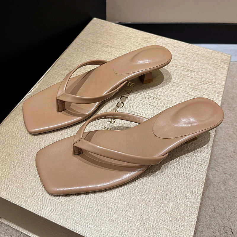 Deluxe Women's Minimalist Thong Strap Low Kitten Heel Mule Sandals