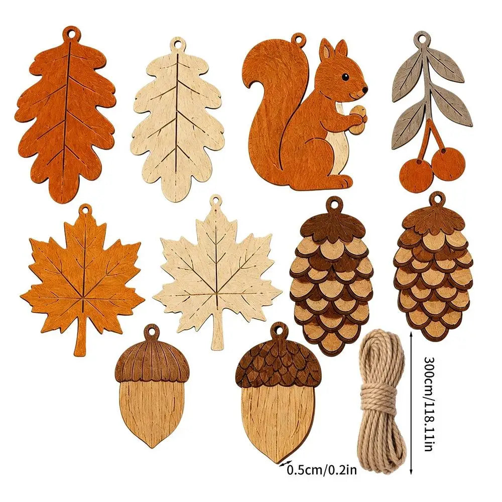 Fall Thanksgiving Wooden Garland Decor Squirrel Acorn Leaves Wood Pendant Farmhouse Wall Hanging Ornament for Fireplace Mantel