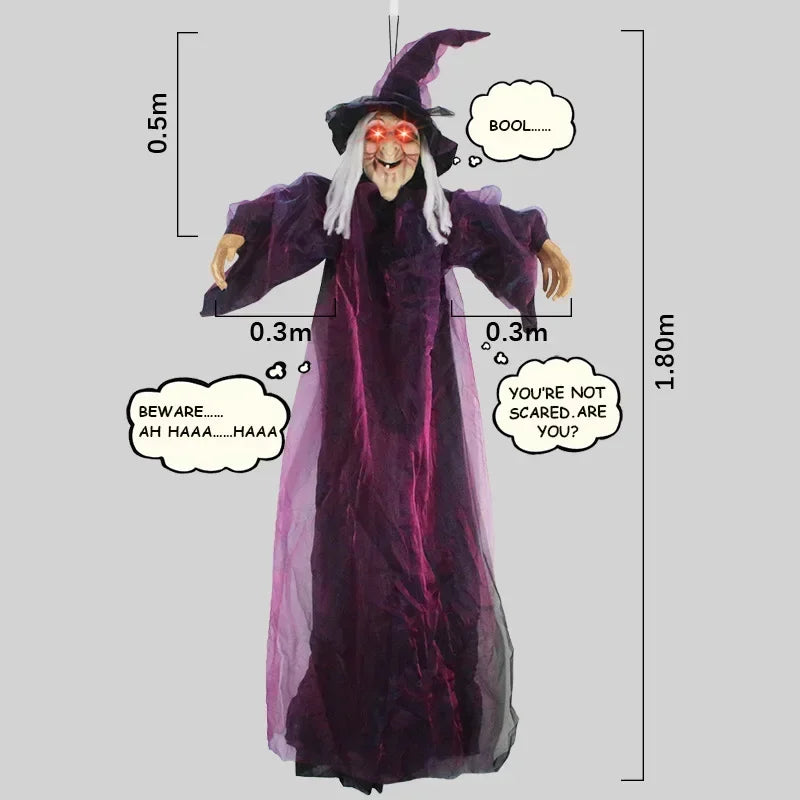 2026 Halloween Spooky Voice Control Lumious Talking Witch Outdoor Purple Animatronic Witch Decor Prop Red Eye Animated Witch