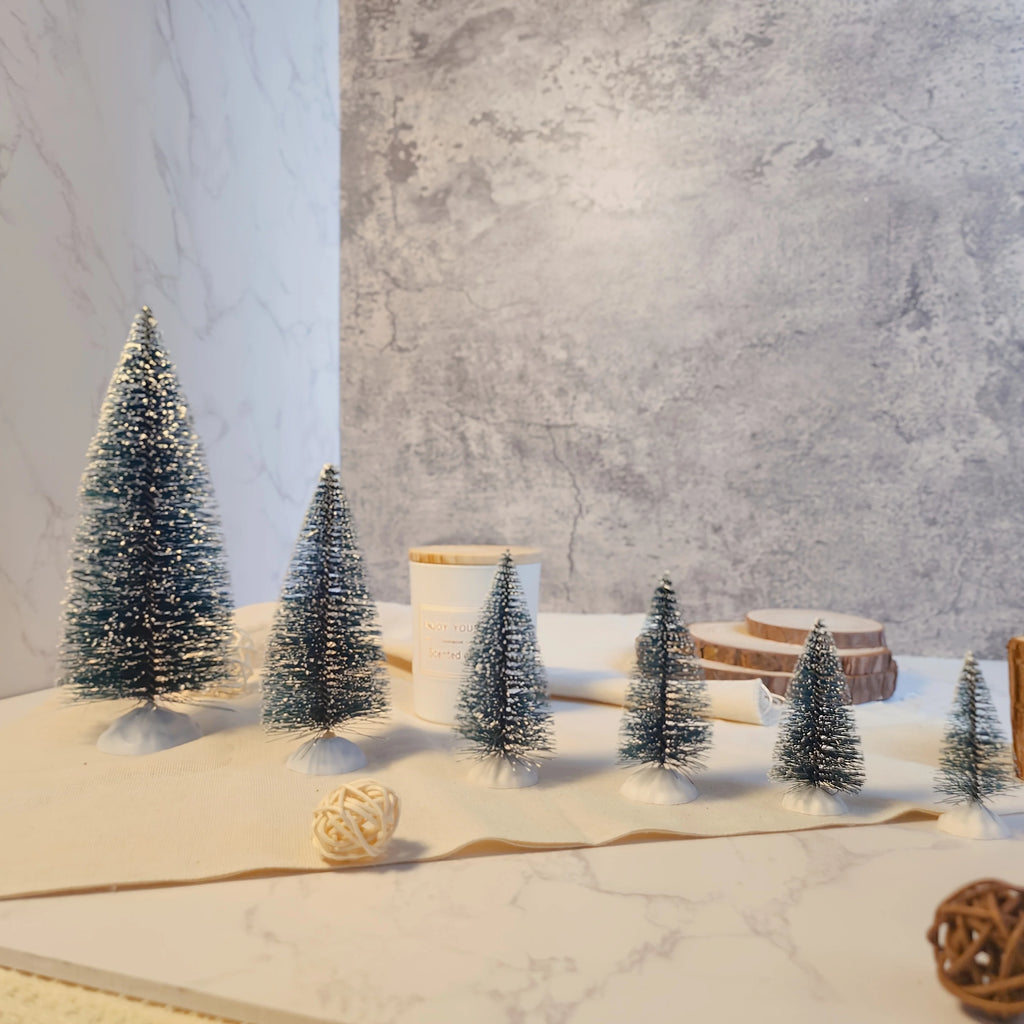 12pcs Mini Christmas Tree Decor with Snow Covered Pine DIY Ornaments Winter Snow Ornaments Trees for Xmas Party Home Party Bar