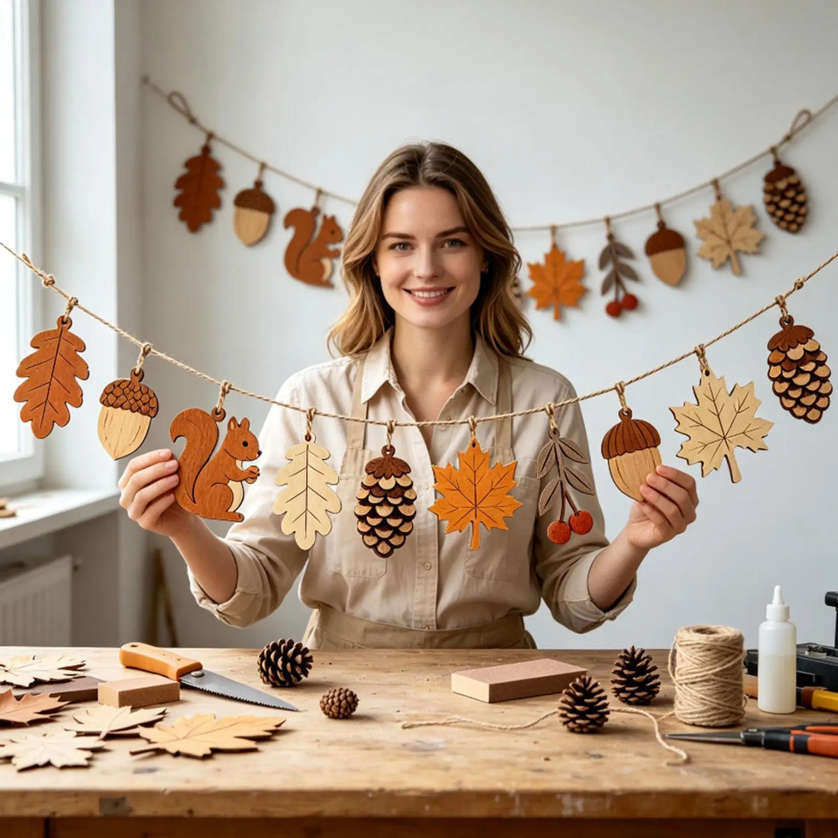 Fall Thanksgiving Wooden Garland Decor Squirrel Acorn Leaves Wood Pendant Farmhouse Wall Hanging Ornament for Fireplace Mantel