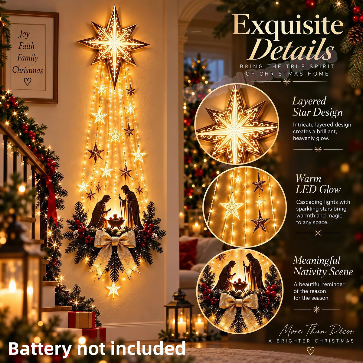 Christmas,Bethlehem Star of Faith,Lighted Nativity Wall Decor,Glowing Christmas Hanging Ornament,LED Light for Indoor Home Decor