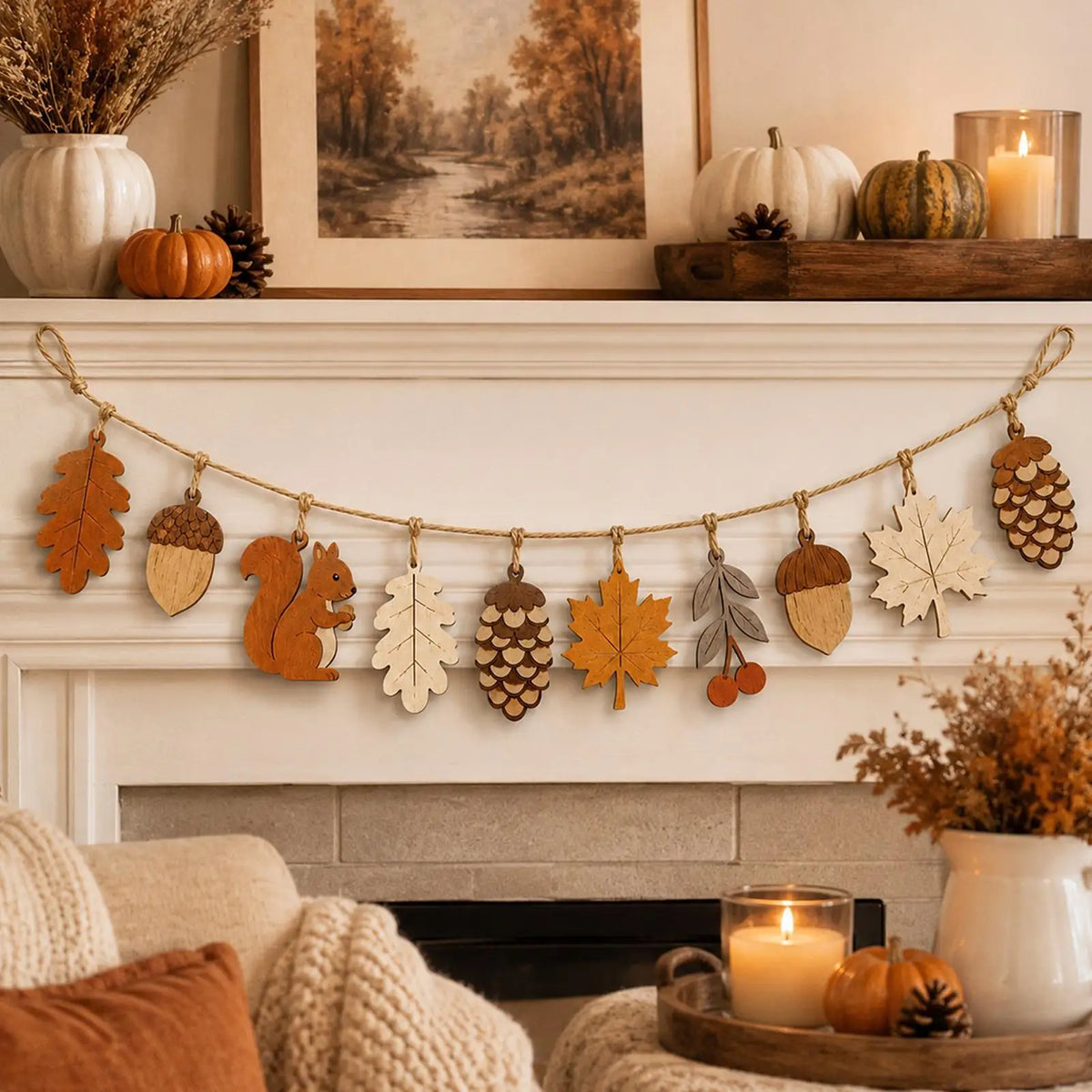 Fall Thanksgiving Wooden Garland Decor Squirrel Acorn Leaves Wood Pendant Farmhouse Wall Hanging Ornament for Fireplace Mantel
