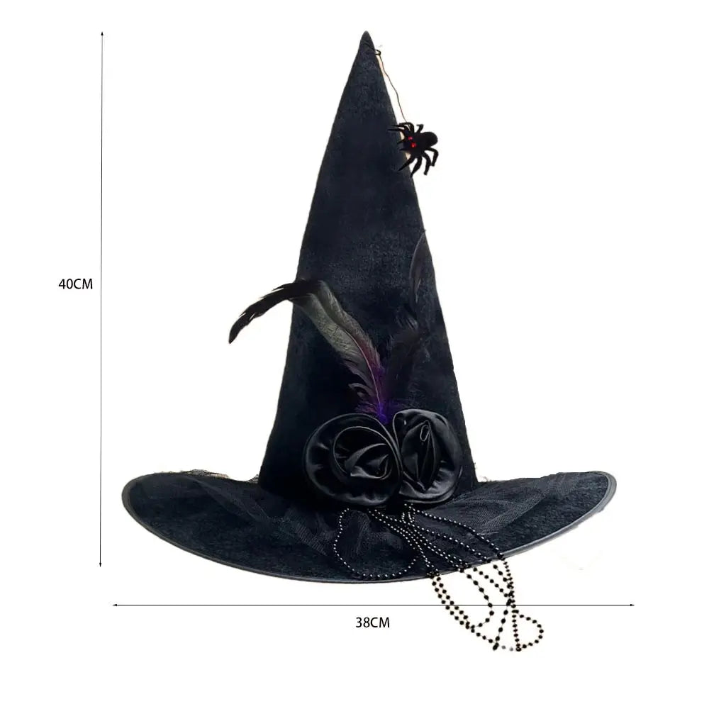 Black Spider Halloween Witch Hat With Black Veil Flower Feather Comfort Pleated Wizard Hat Knit Witch Costume Accessories