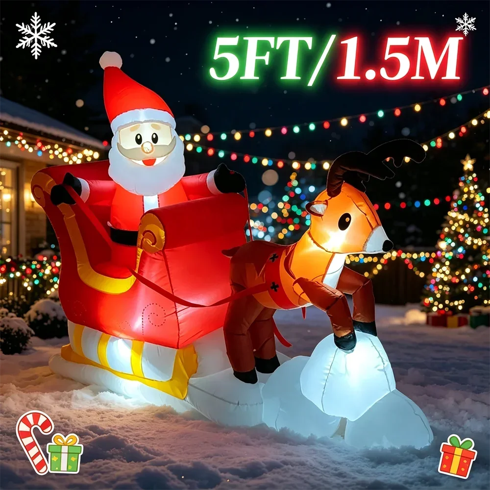 Christmas Blow Up Outdoor DIY Holiday Decorations 5 FT Inflatable Santa Claus Riding Sleigh with LEDs Xmas Party Yard Lawn Decor