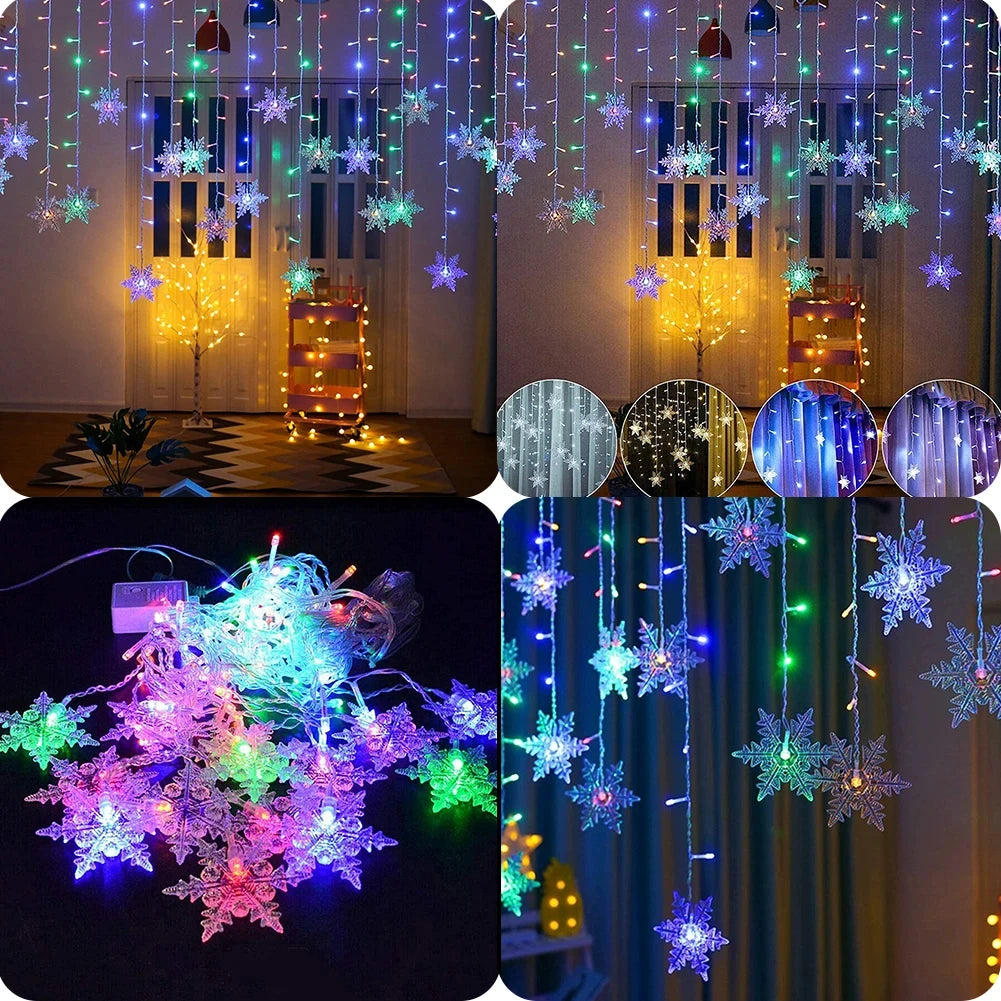 Christmas Light Led Snowflake Curtain Icicle Fairy String Lights Outdoor Garland Home Party Garden 2025 New Year Decoration