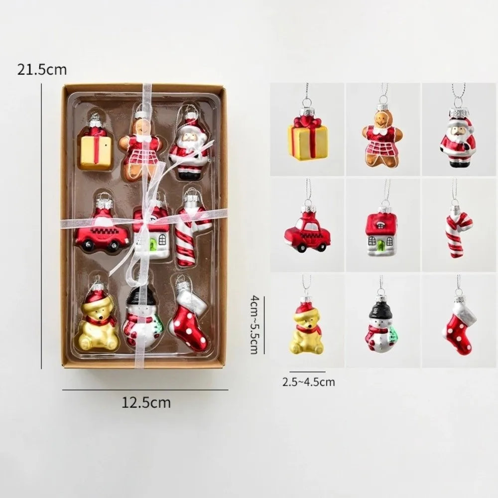 6/9pcs Glass Xmas Tree Ornaments Snowman Gifts Car and House Navidas Atmosphere Decor Santa Claus Christmas Tree Charm