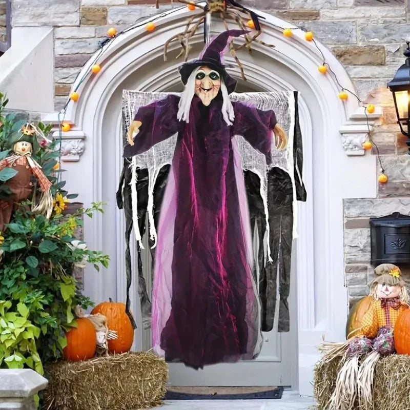 2026 Halloween Spooky Voice Control Lumious Talking Witch Outdoor Purple Animatronic Witch Decor Prop Red Eye Animated Witch