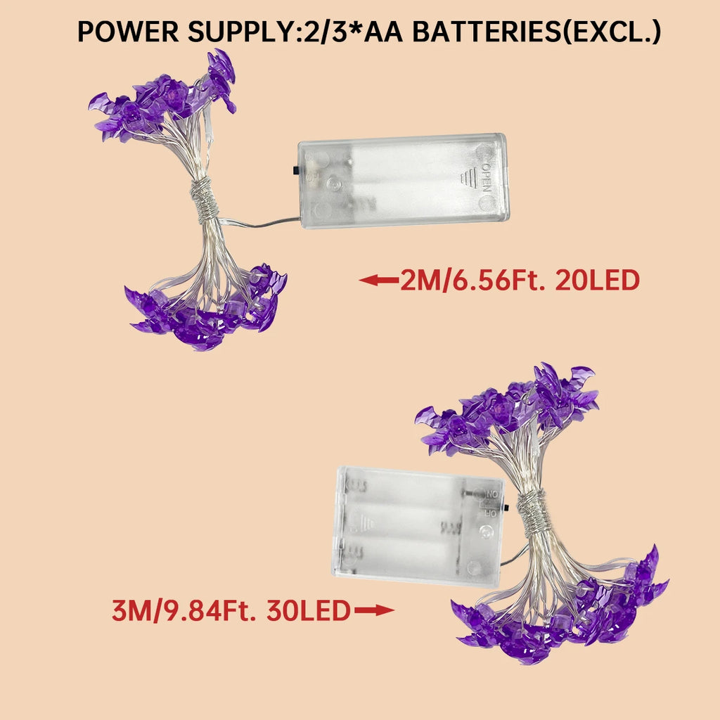 Deluxe Halloween Purple Bat LED Fairy String Lights (Battery-Operated)