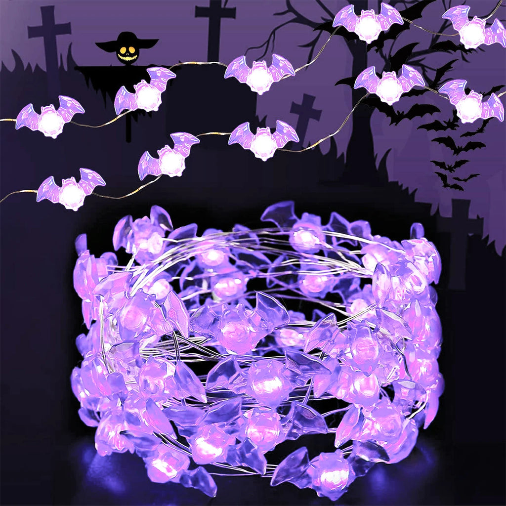 Deluxe Halloween Purple Bat LED Fairy String Lights (Battery-Operated)