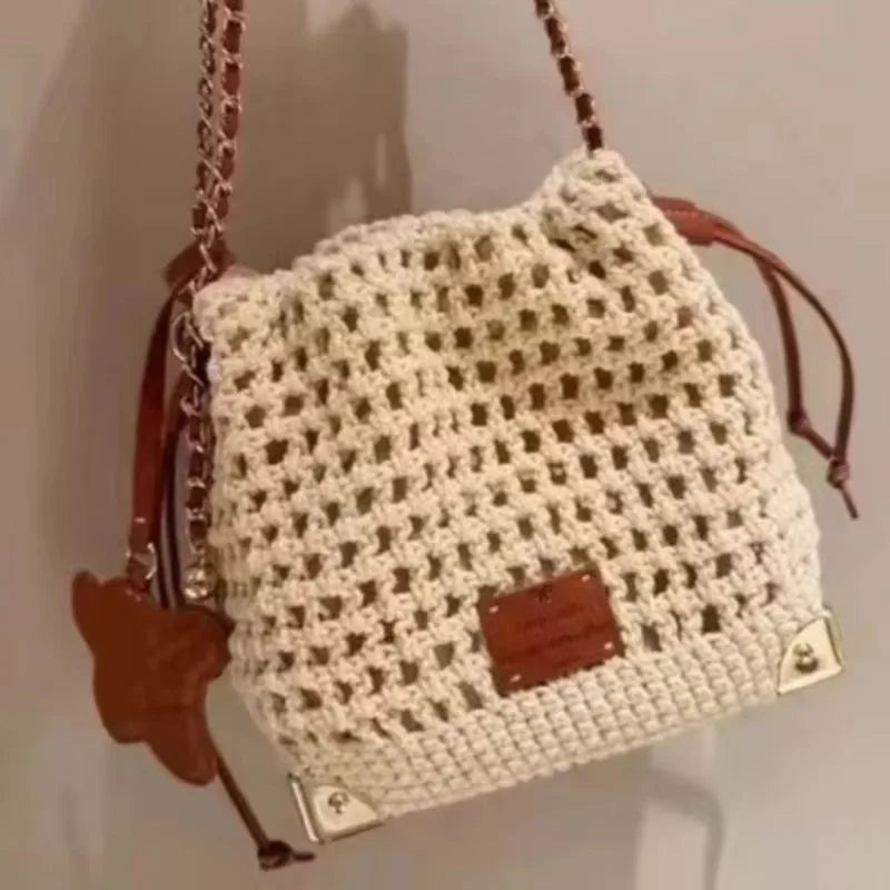 Deluxe Woven Knit Drawstring Crossbody Bucket Bag with Chain Strap