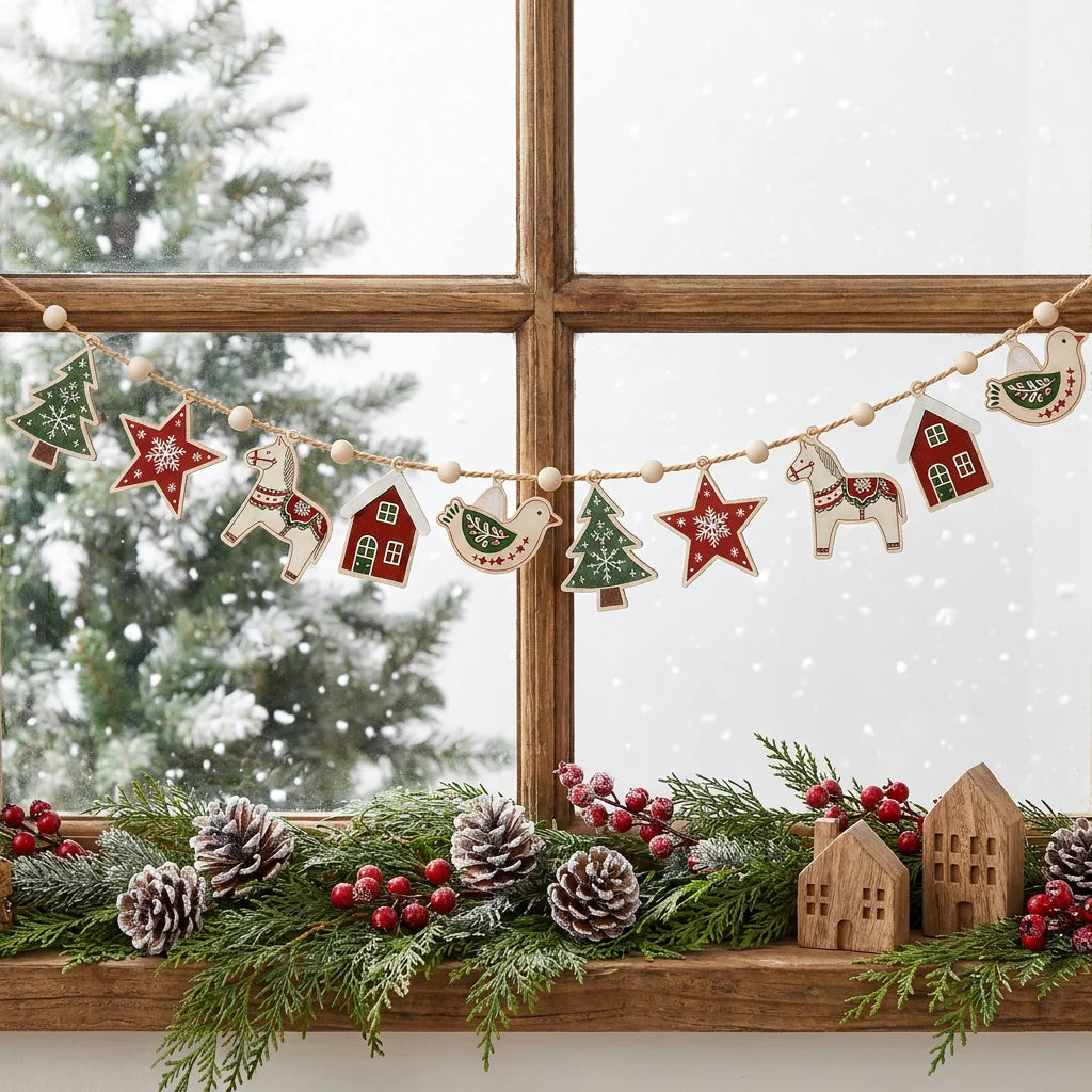 Scandinavian Christmas Wooden Garland, Wood Beads Hemp Rope, Tree Star Dala Horse for Fireplace Mantel Wall Xmas Home Decor