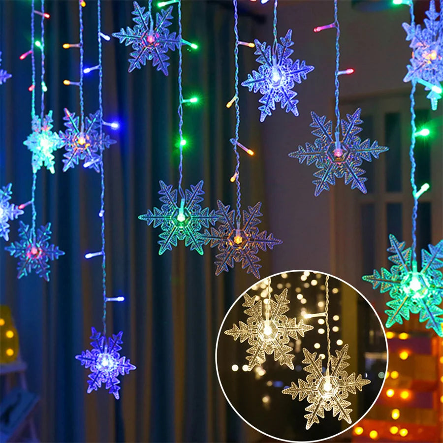 Christmas Light Led Snowflake Curtain Icicle Fairy String Lights Outdoor Garland Home Party Garden 2025 New Year Decoration