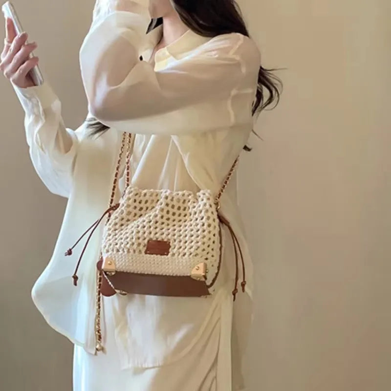 Deluxe Woven Knit Drawstring Crossbody Bucket Bag with Chain Strap