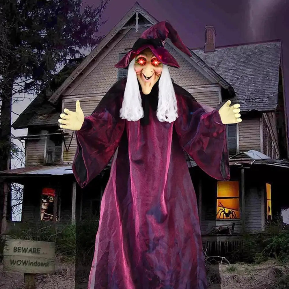 Halloween Life Size Talking Witch Outdoor Purple Spooky Animatronic Witch Decor Prop Halloween Decoration Red Eye Animated Witch