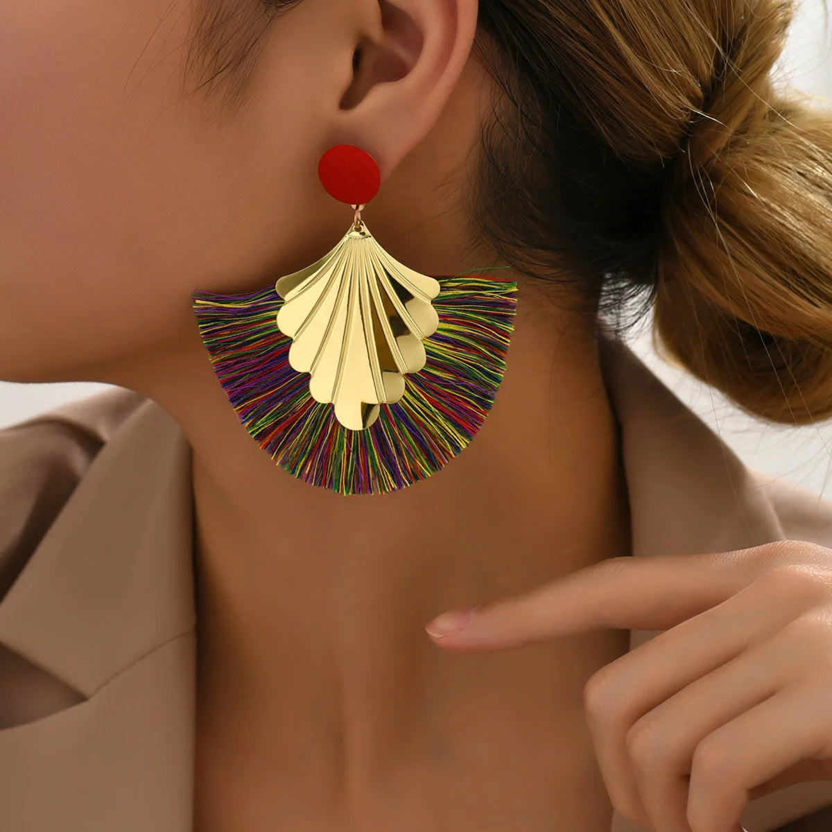 Bohemian fan shaped tassel earrings with fashionable ripple design and exaggerated style earrings