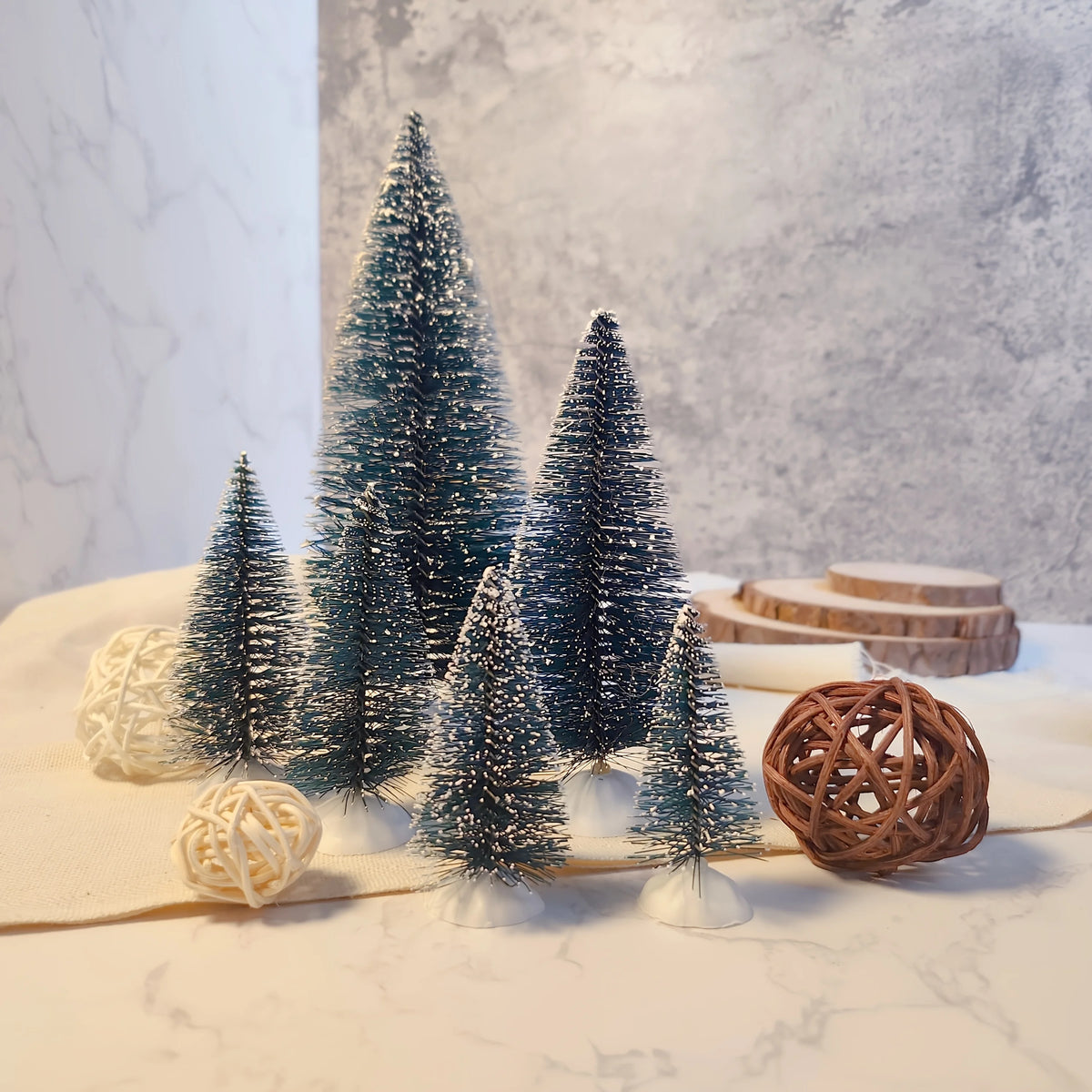 12pcs Mini Christmas Tree Decor with Snow Covered Pine DIY Ornaments Winter Snow Ornaments Trees for Xmas Party Home Party Bar