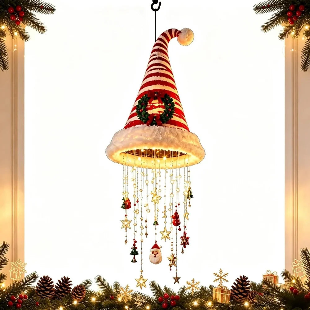 Christmas Lighted Santa Hat with Snowflakes Christmas Tree Pendant Hanging Lantern Xmas Decoration for Home New Year Party Gifts