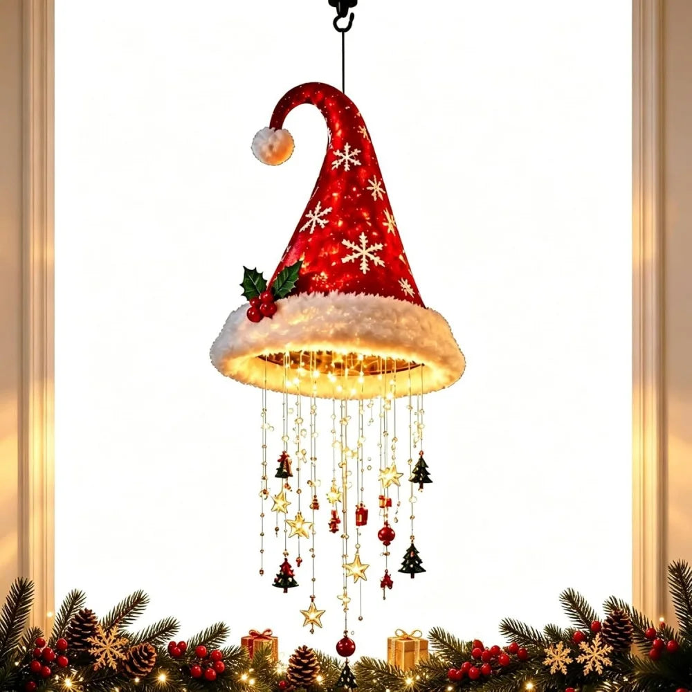 Christmas Lighted Santa Hat with Snowflakes Christmas Tree Pendant Hanging Lantern Xmas Decoration for Home New Year Party Gifts