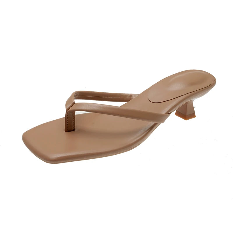 Deluxe Women's Minimalist Thong Strap Low Kitten Heel Mule Sandals