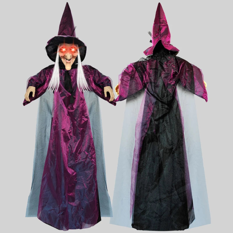 2026 Halloween Spooky Voice Control Lumious Talking Witch Outdoor Purple Animatronic Witch Decor Prop Red Eye Animated Witch