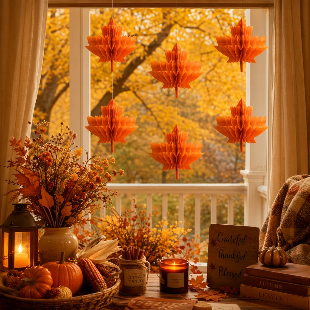 Fall Harvest Thanksgiving Maple Leaves Honeycomb Centerpieces Paper Hanging Decor,Autumn Tissue Ceiling Home Decor Festival