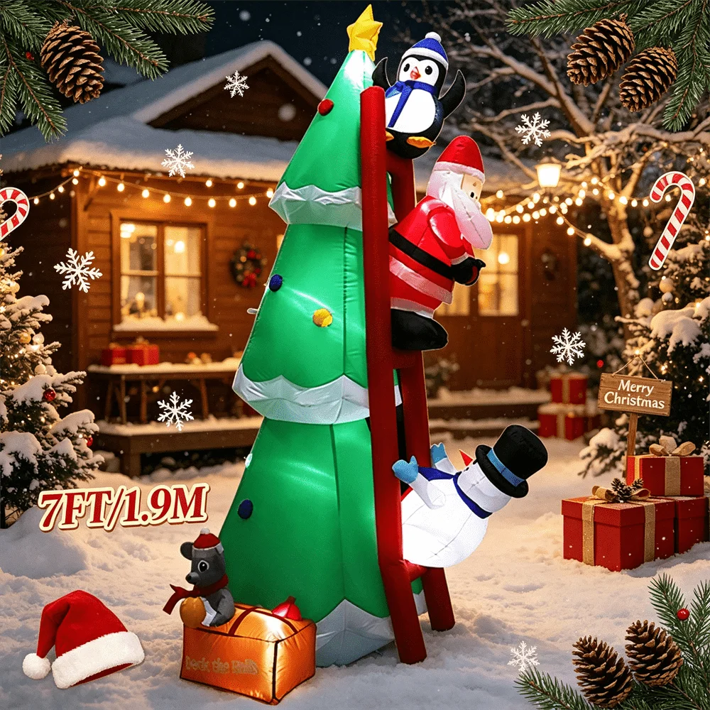 Christmas Inflatable DIY Decor Outdoor Giant Xmas Tree 7FT Lighted Blow Up Santa Claus Climbing Tree for HolidayYard Decor
