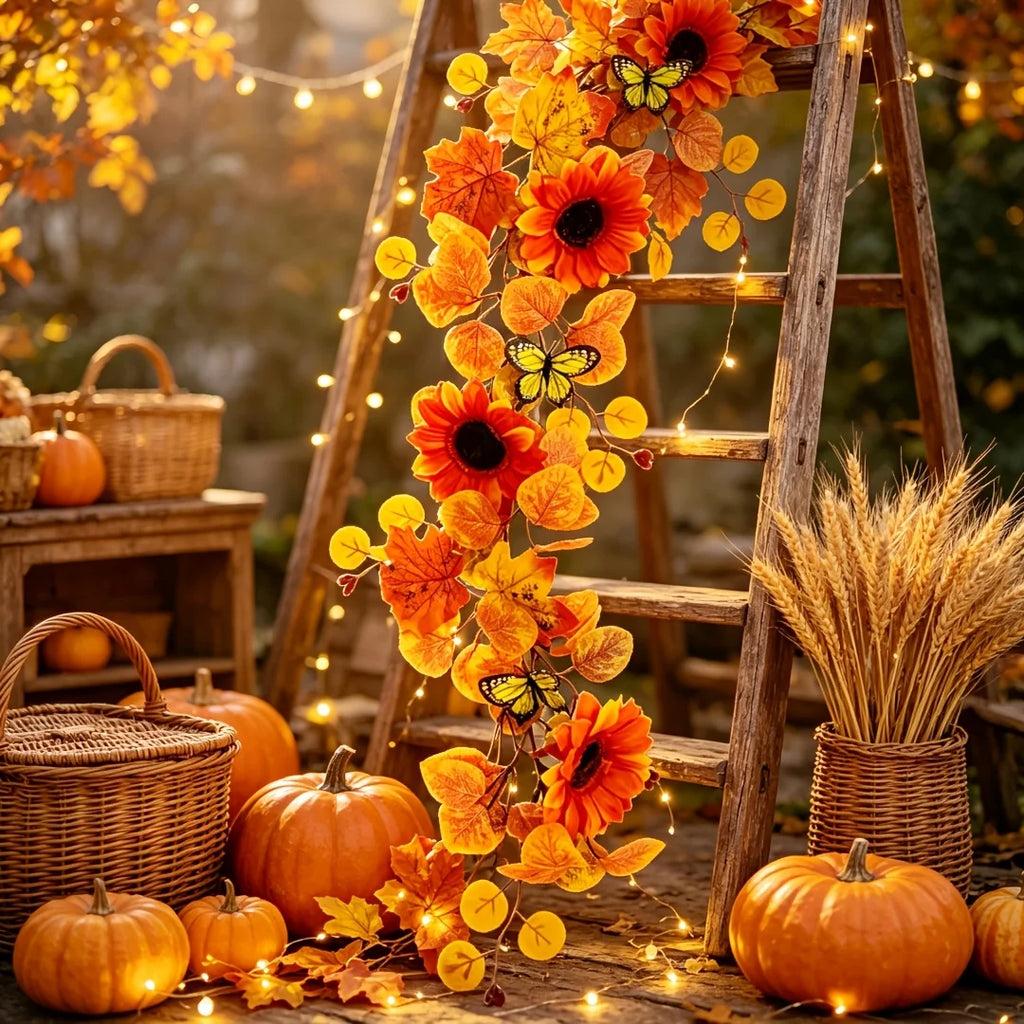 Autumn Thanksgiving Christmas Vine Wreaths Orange Sunflower Maple Leaf Decorative Door Wreath for Seasonal Home Garden Decoratio
