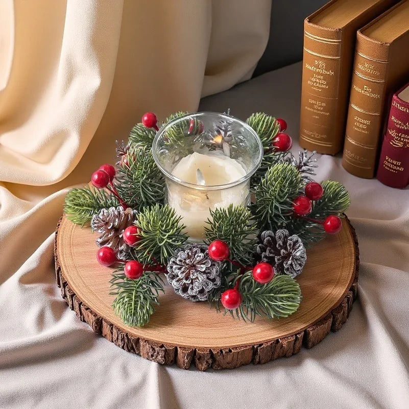 Christmas Candle Ring Wreath Red Berries Frosted Pinecones Mini Artificial Pine Table Centerpiece for Holiday Home Dining Decor
