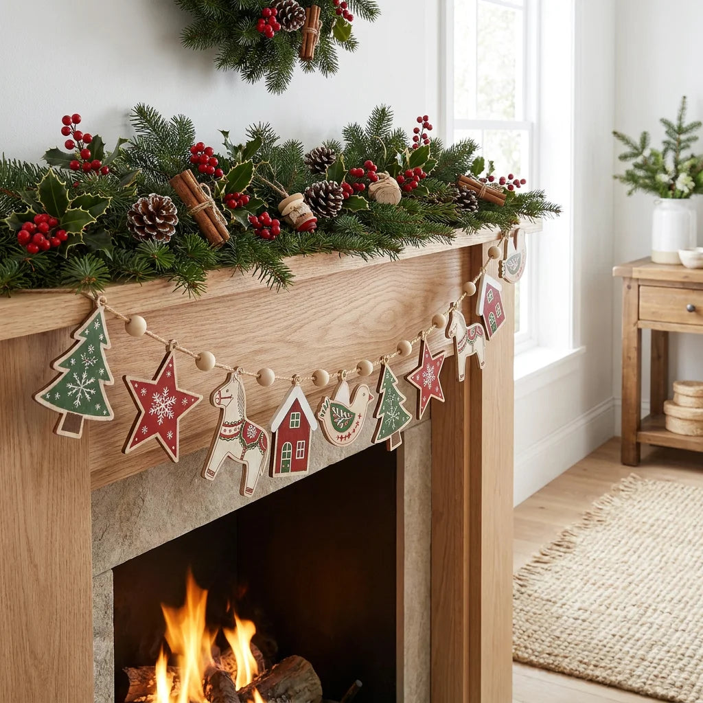 Scandinavian Christmas Wooden Garland, Wood Beads Hemp Rope, Tree Star Dala Horse for Fireplace Mantel Wall Xmas Home Decor