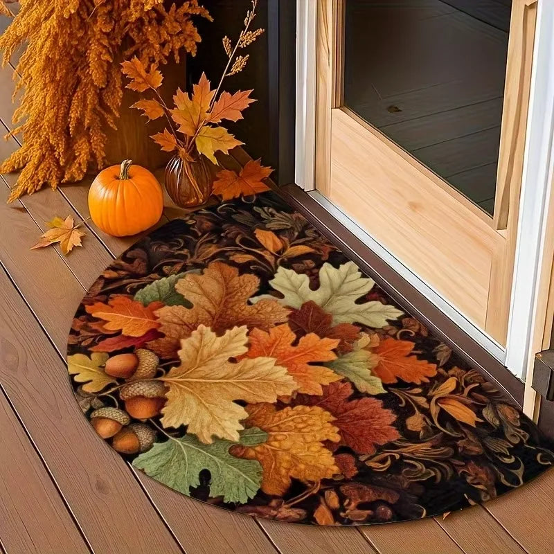 Autumn Maple Leaf Half-Circle Floor Mat Thanksgiving Entrance Garden Kitchen Carpet Thanksgiving Home Decor